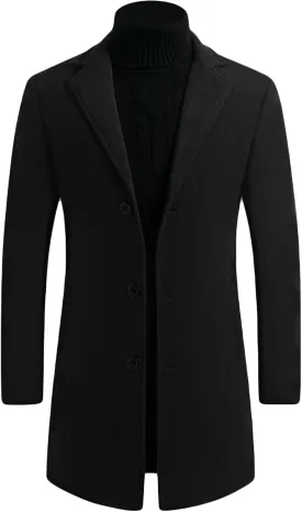 Maiyifu-GJ Mens Wool Blend Trench Coat Mid-Length Notched Collar Long Top Pea Coats Business Single Breasted Jacket Overcoat