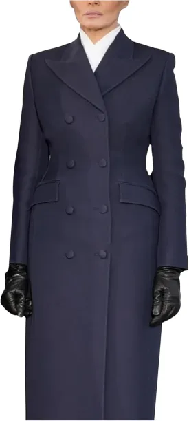 Melania Navy Blue Wool Trench Coat - Double-Breasted Long Cashmere Wool Coat