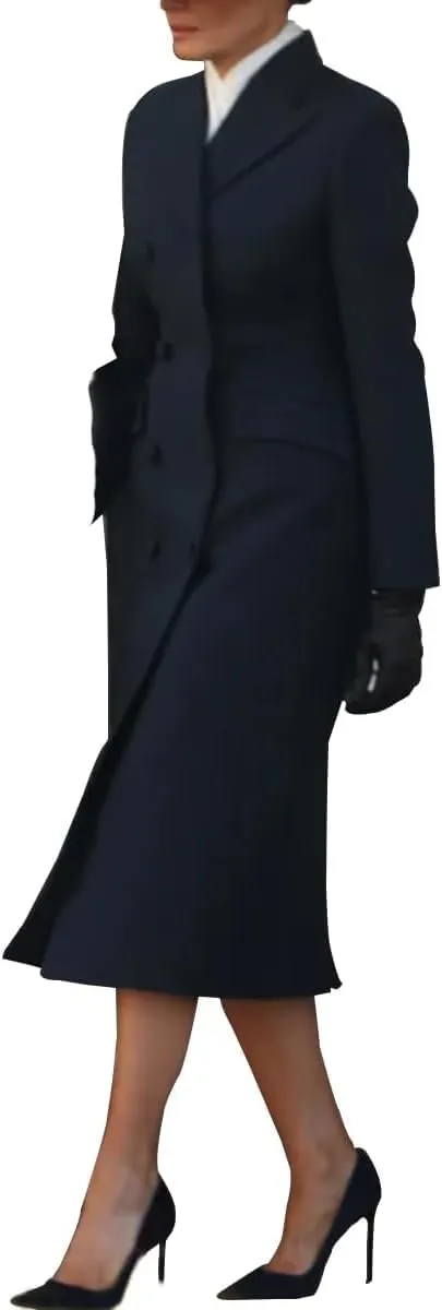 Melania Navy Blue Wool Trench Coat - Double-Breasted Long Cashmere Wool Coat