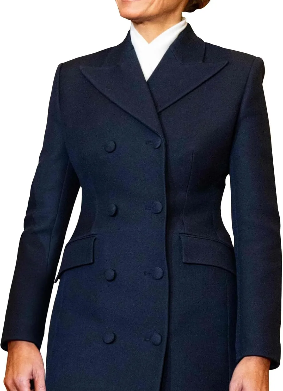 Melania Navy Blue Wool Trench Coat - Double-Breasted Long Cashmere Wool Coat