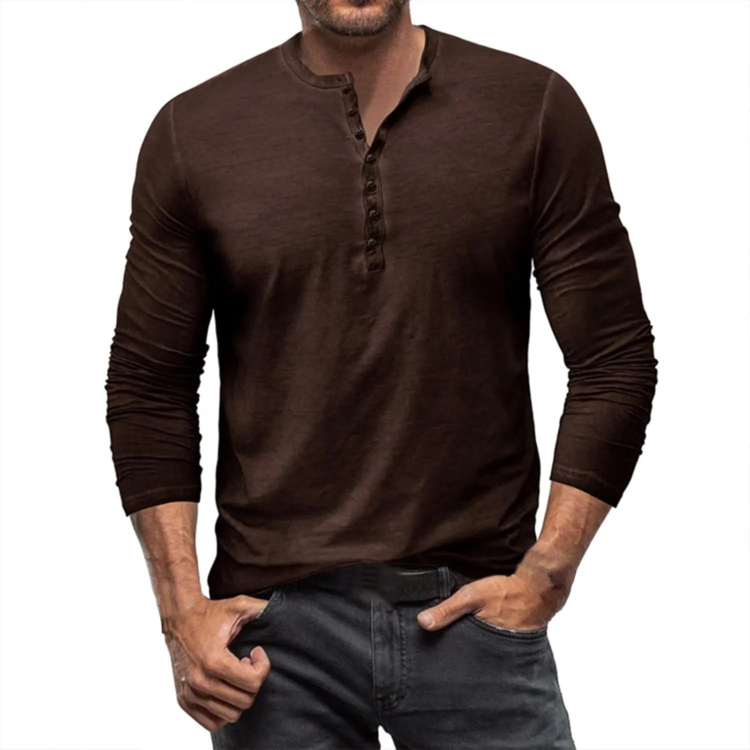 Mens Casual Long Sleeve Henley Shirt Classic Stretch Slim Fit Button Active Sports Gym Hiking T-Shirt