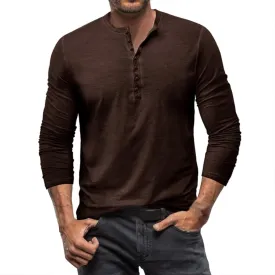 Mens Casual Long Sleeve Henley Shirt Classic Stretch Slim Fit Button Active Sports Gym Hiking T-Shirt
