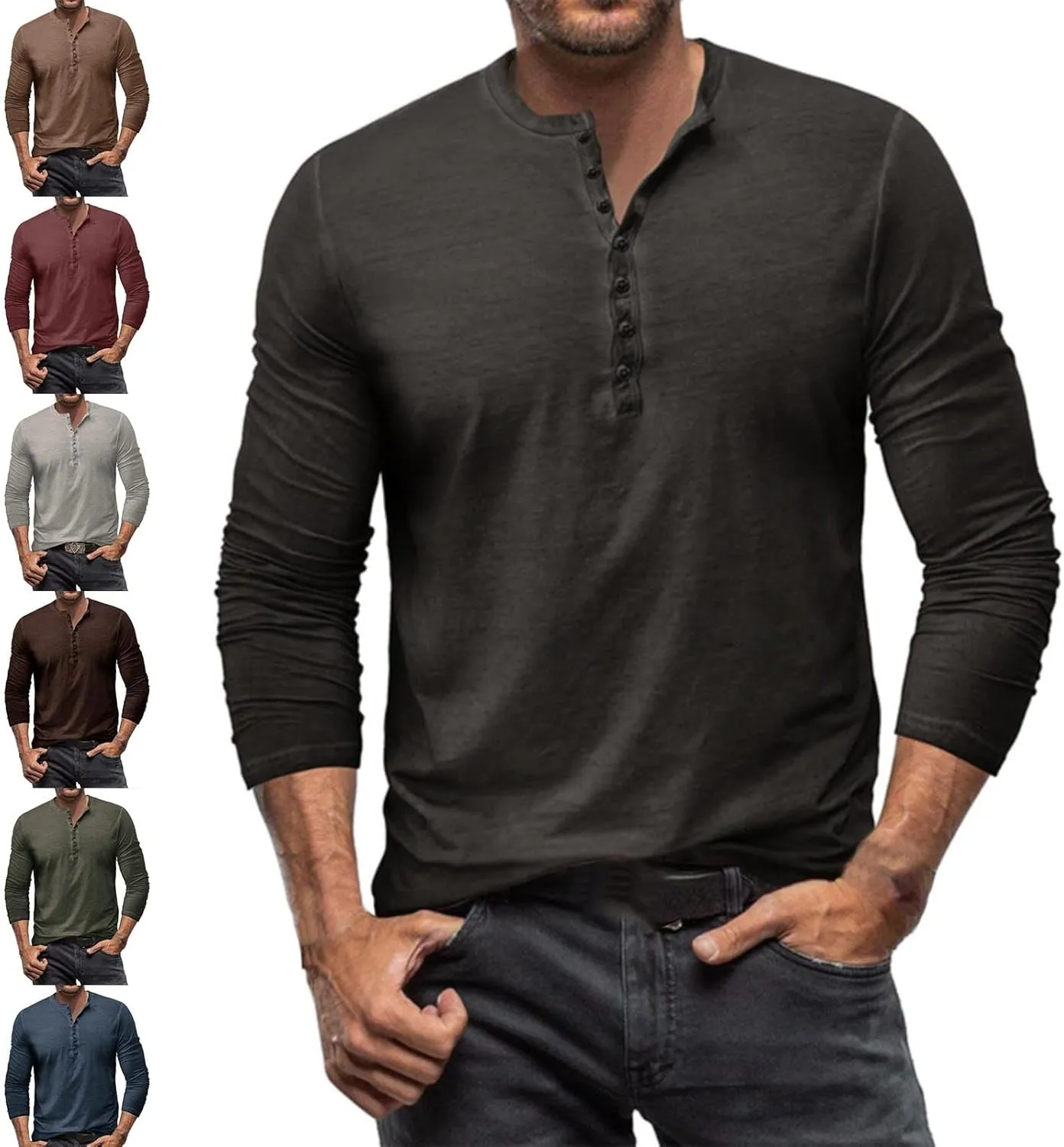 Mens Casual Long Sleeve Henley Shirt Classic Stretch Slim Fit Button Active Sports Gym Hiking T-Shirt