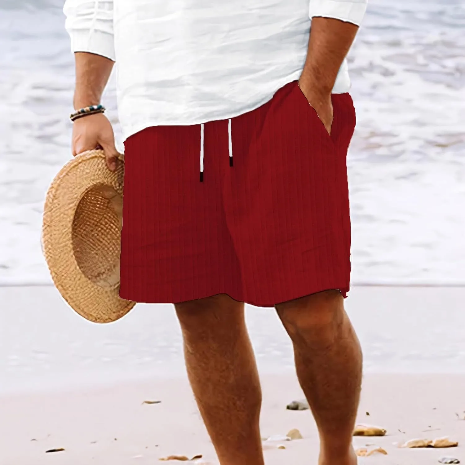 Mens Linen Shorts Flat Front Casual Elastic Waist Drawstring Summer Beach Vacation Shorts with Pocket (9Inch)