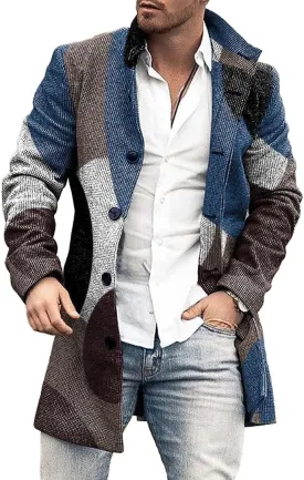 Mens Plaid Trench Coat Vintage Graphic Mid Long Jacket Coats Lapel Single Breasted Wool Blend Color Block Overcoat