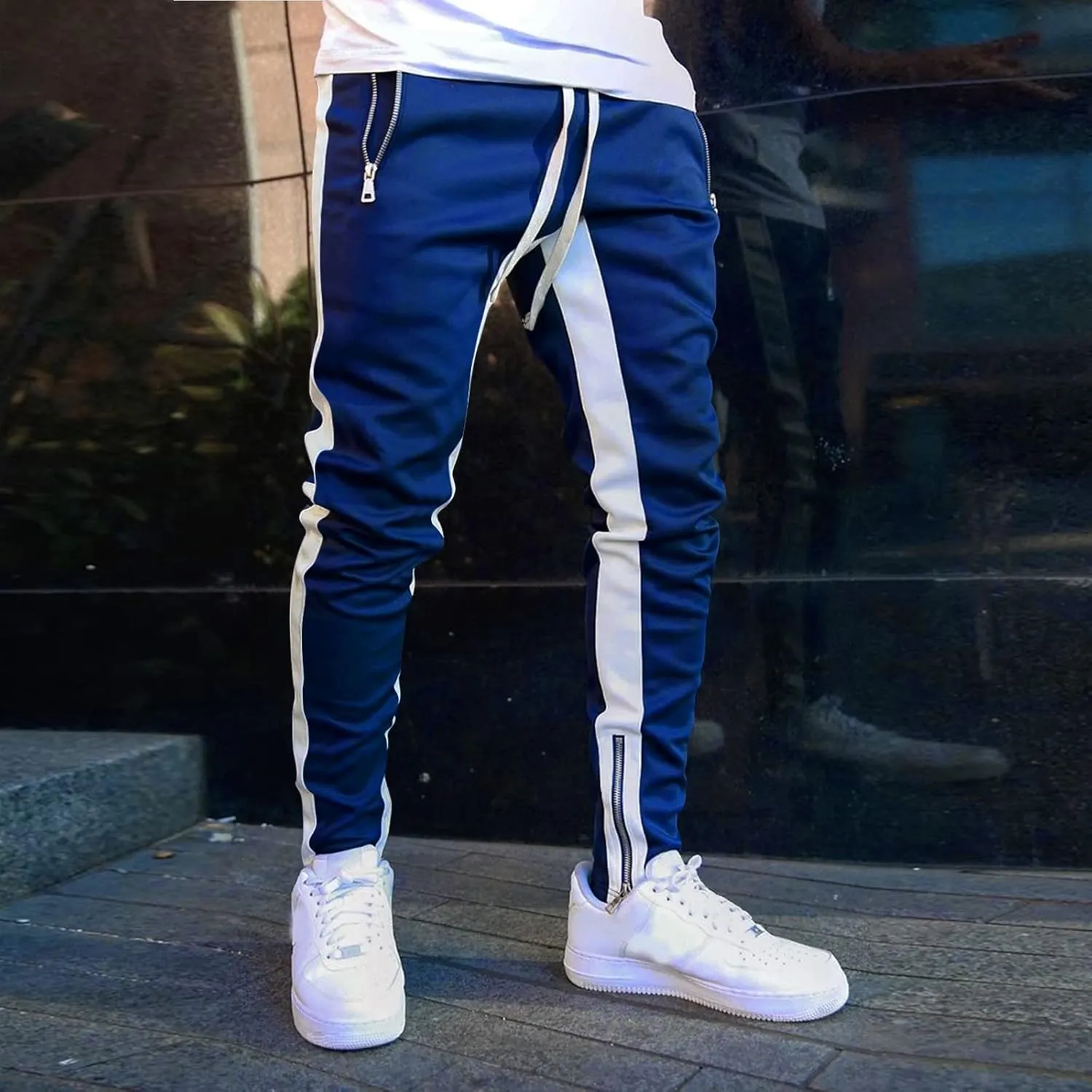 Mens Stripe Track Pants Skinny Fit Stretch Elastic Waist Ankle Zipper Joggers Workout Active Pants Streetwear