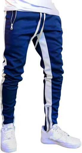 Mens Stripe Track Pants Skinny Fit Stretch Elastic Waist Ankle Zipper Joggers Workout Active Pants Streetwear