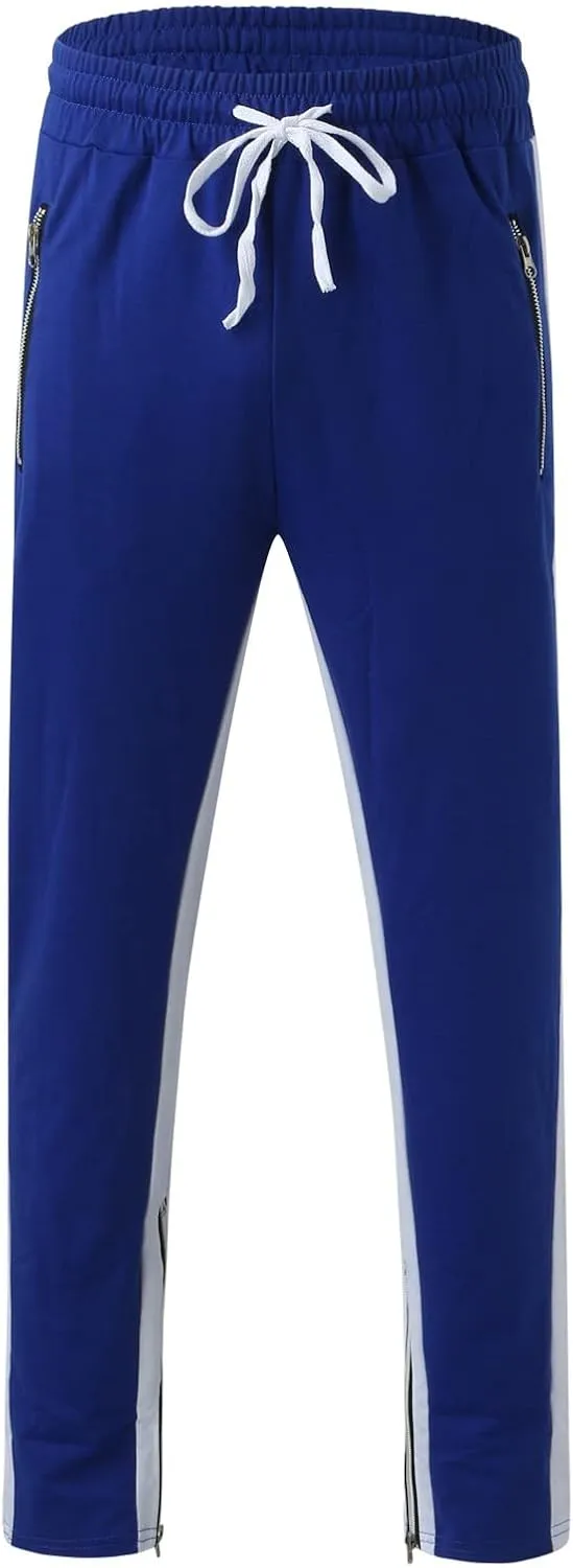 Mens Stripe Track Pants Skinny Fit Stretch Elastic Waist Ankle Zipper Joggers Workout Active Pants Streetwear