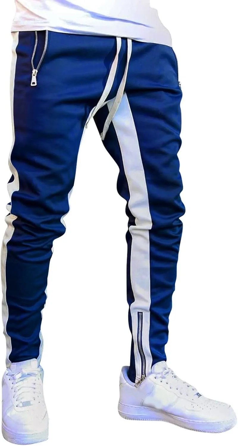 Mens Stripe Track Pants Skinny Fit Stretch Elastic Waist Ankle Zipper Joggers Workout Active Pants Streetwear