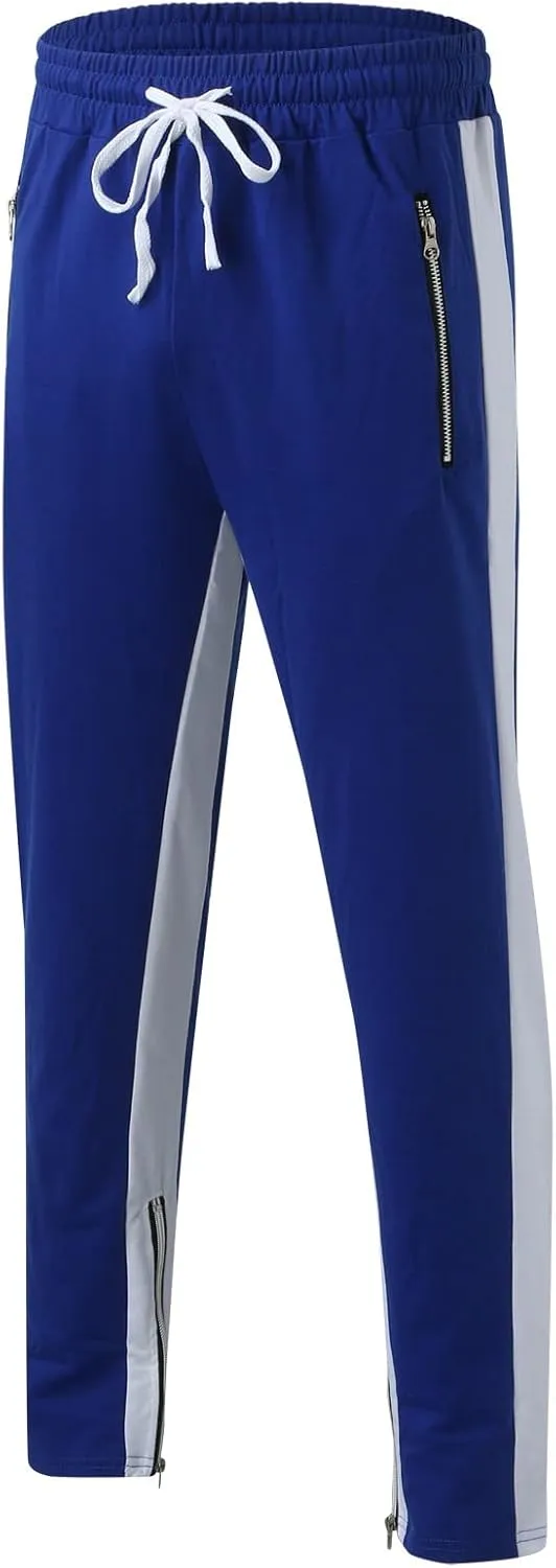 Mens Stripe Track Pants Skinny Fit Stretch Elastic Waist Ankle Zipper Joggers Workout Active Pants Streetwear