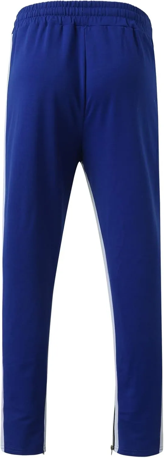 Mens Stripe Track Pants Skinny Fit Stretch Elastic Waist Ankle Zipper Joggers Workout Active Pants Streetwear