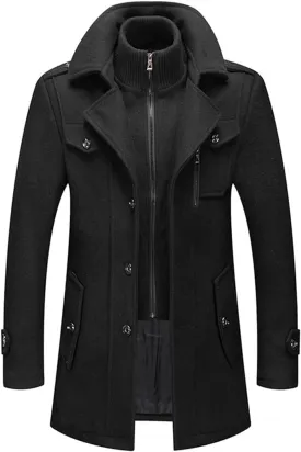 Mens Trench Coat Wool Blend Layered Collar Classic Stylish Business Overcoat Warm Winter Trench Pea Coats Lapel Plain