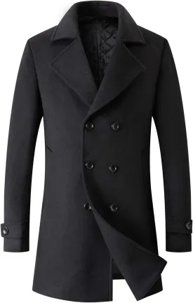 Men's Winter Coat Wool Blend Trench Overcoat Casual Double Breasted Long Pea Topcoat
