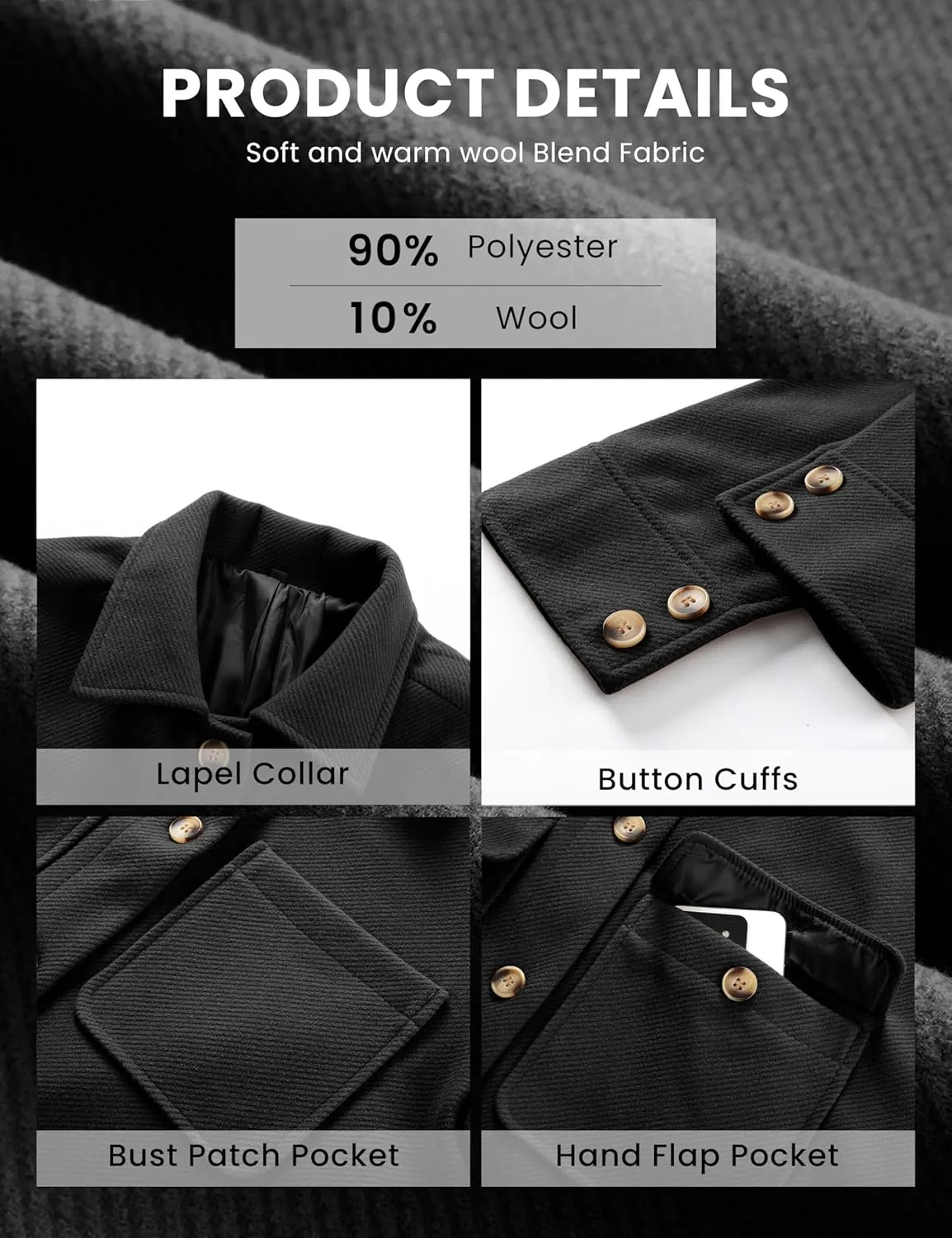Omoone 2024 Winter Elegant Womens Pea Coat Mid Long Wool Coat Wool Blend Trench Coat with Pockets