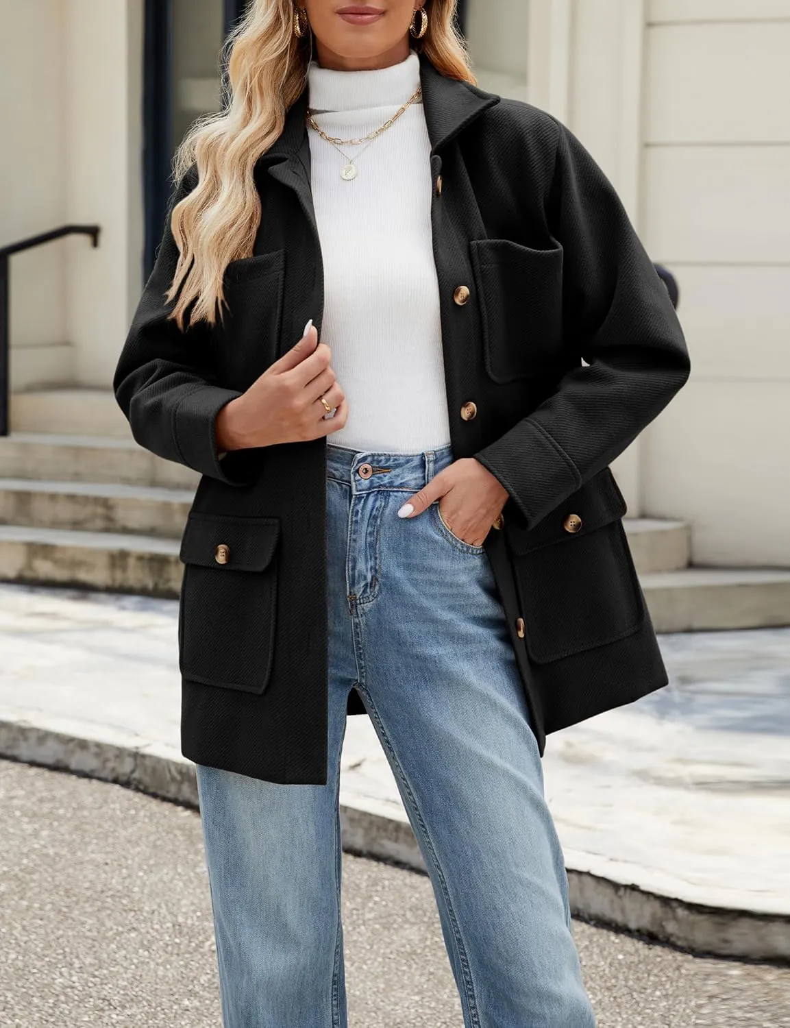 Omoone 2024 Winter Elegant Womens Pea Coat Mid Long Wool Coat Wool Blend Trench Coat with Pockets