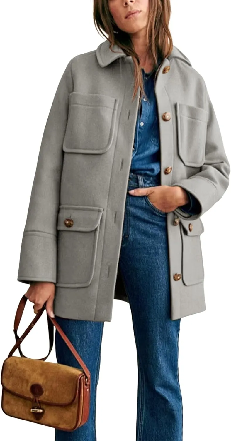 Omoone 2024 Winter Elegant Womens Pea Coat Mid Long Wool Coat Wool Blend Trench Coat with Pockets