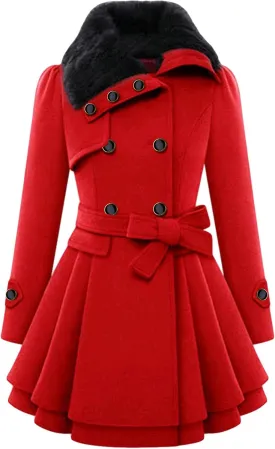 OMZIN Women's Long Shaggy Belted Pea Coat Slim Faux Fur Collar Coat Bridal Jacket with Belt