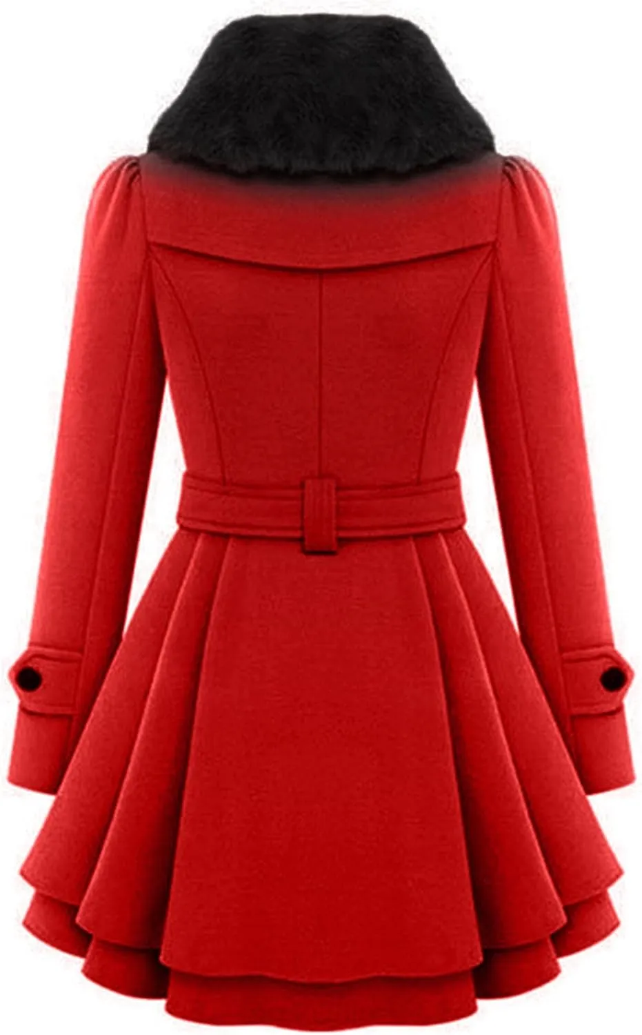 OMZIN Women's Long Shaggy Belted Pea Coat Slim Faux Fur Collar Coat Bridal Jacket with Belt