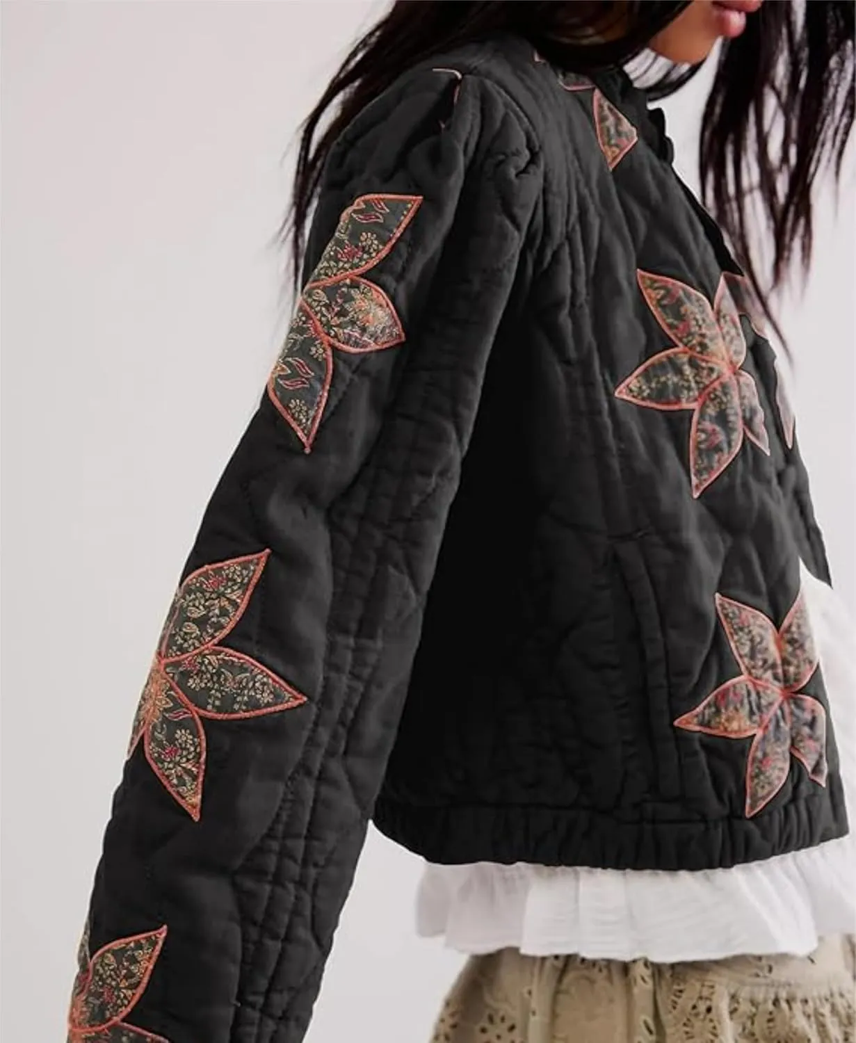 OPCAKM Women's Cropped Puffer Jacket Lightweight Flower Embroidery Quilted Outerwear Coats