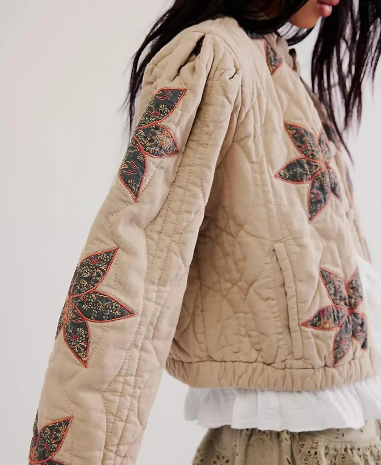 OPCAKM Women's Cropped Puffer Jacket Lightweight Flower Embroidery Quilted Outerwear Coats