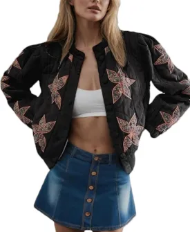 OPCAKM Women's Cropped Puffer Jacket Lightweight Flower Embroidery Quilted Outerwear Coats