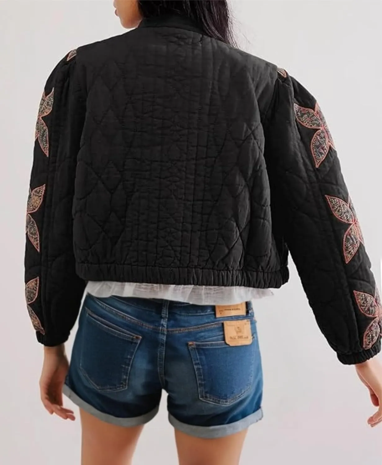 OPCAKM Women's Cropped Puffer Jacket Lightweight Flower Embroidery Quilted Outerwear Coats