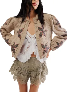 OPCAKM Women's Cropped Puffer Jacket Lightweight Flower Embroidery Quilted Outerwear Coats
