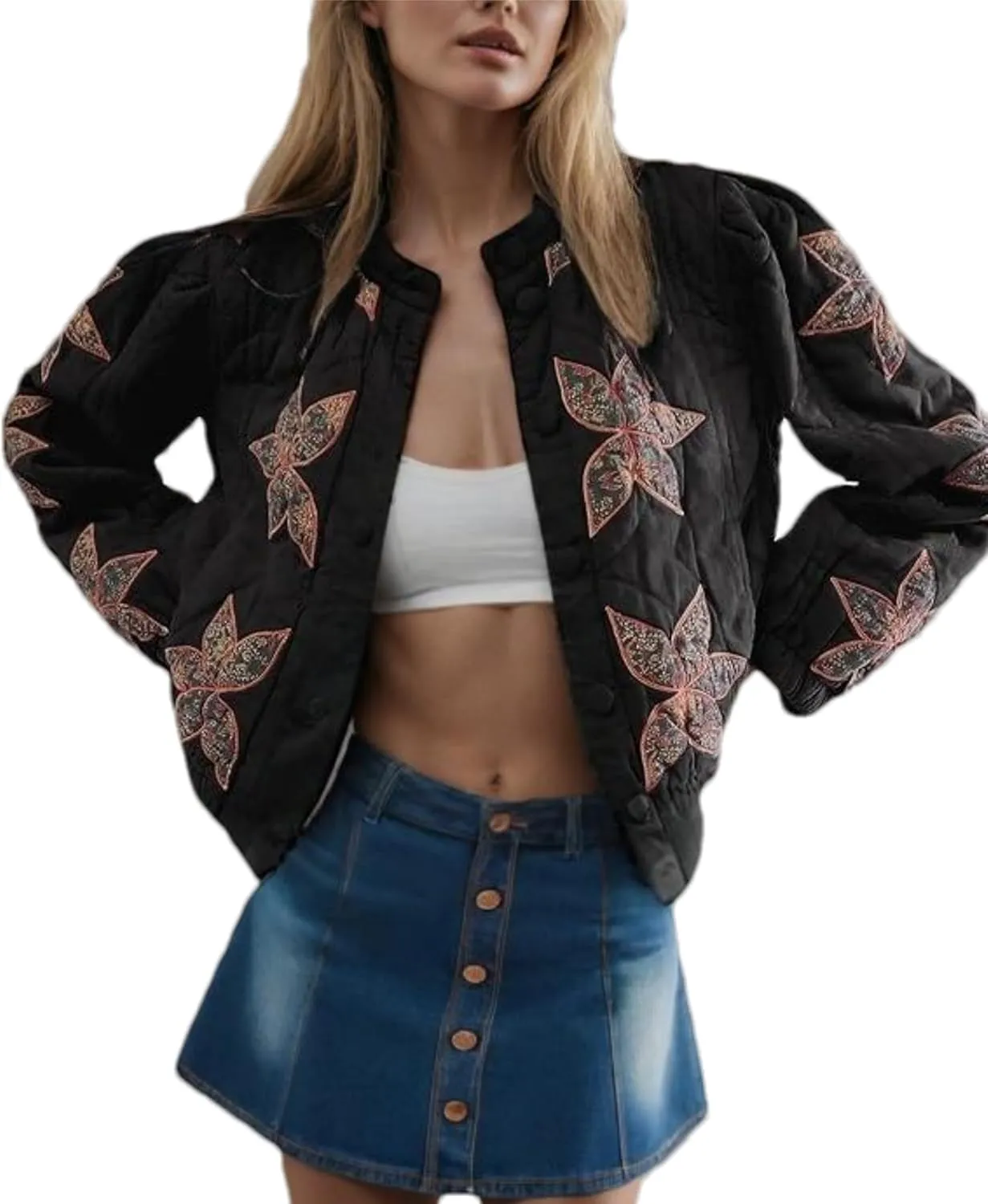 OPCAKM Women's Cropped Puffer Jacket Lightweight Flower Embroidery Quilted Outerwear Coats