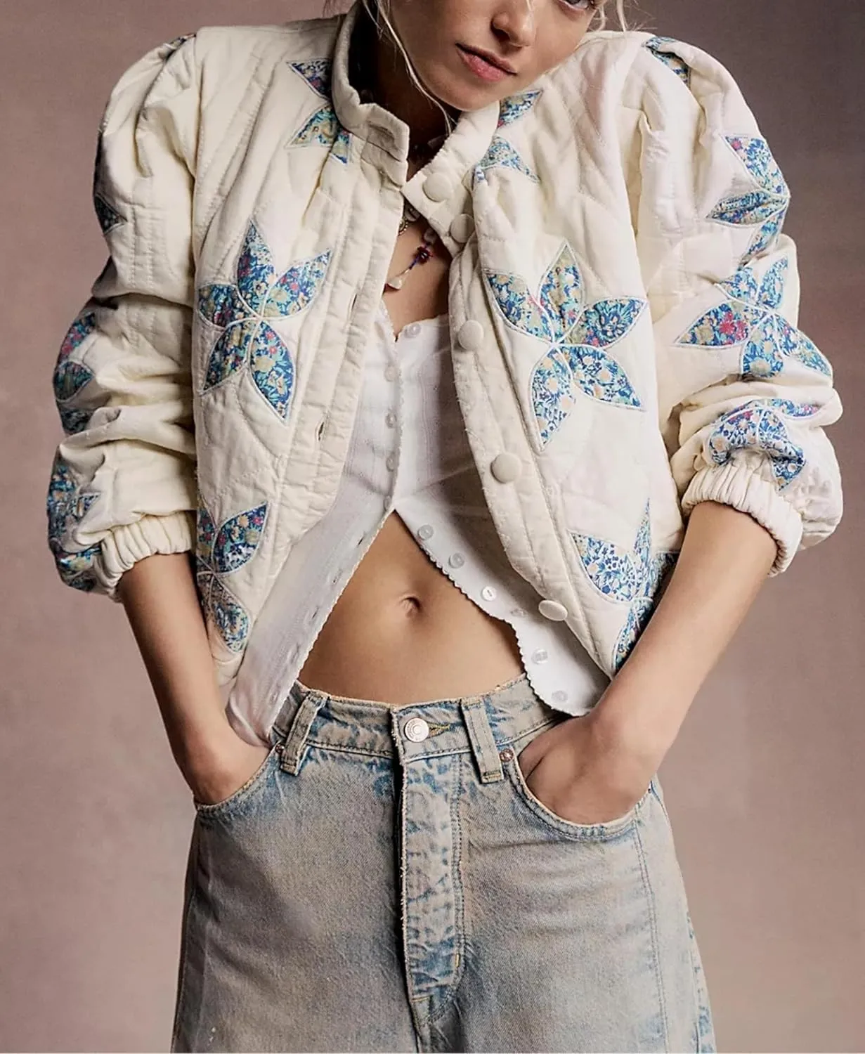 OPCAKM Women's Cropped Puffer Jacket Lightweight Flower Embroidery Quilted Outerwear Coats