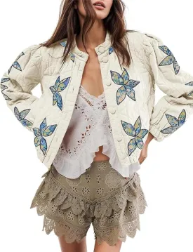 OPCAKM Women's Cropped Puffer Jacket Lightweight Flower Embroidery Quilted Outerwear Coats