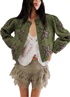 OPCAKM Women's Cropped Puffer Jacket Lightweight Flower Embroidery Quilted Outerwear Coats