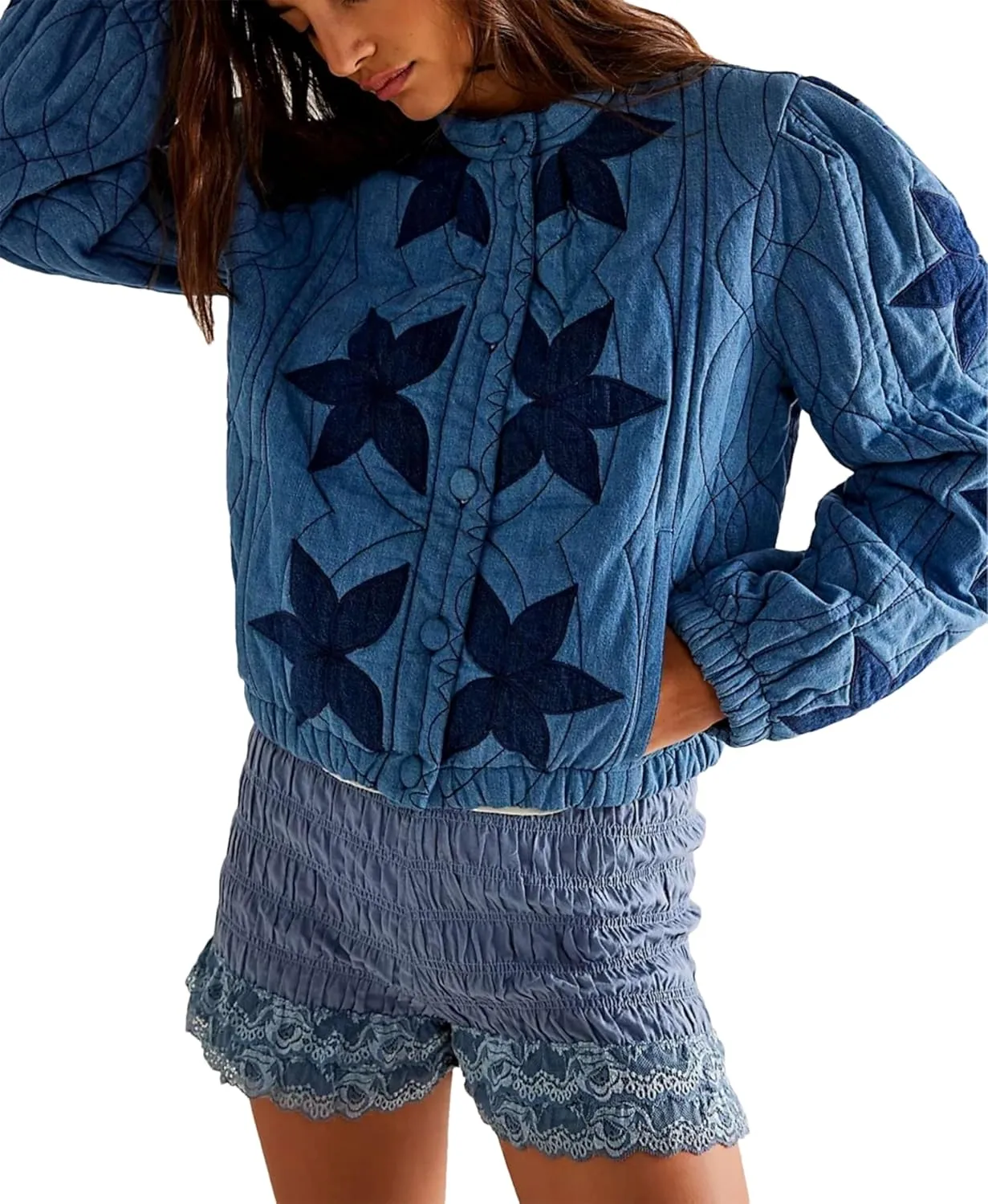 OPCAKM Women's Cropped Puffer Jacket Lightweight Flower Embroidery Quilted Outerwear Coats