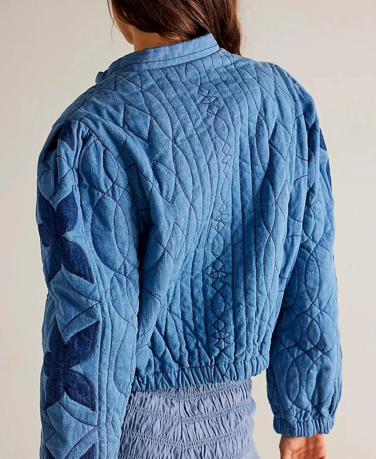 OPCAKM Women's Cropped Puffer Jacket Lightweight Flower Embroidery Quilted Outerwear Coats