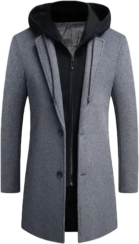 PRIJOUHE Men's Wool Coat Hoodie Long Trench Coat Cotton Casual Woollen Overcoat Jacket