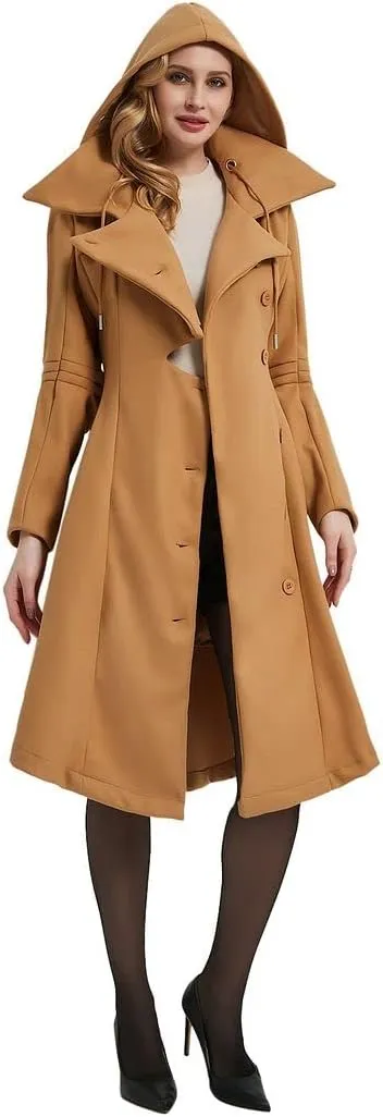 QZUnique Long Trench Pea Coat for Women - Wool Winter Trench Coat Goth Lapel Peacoat Outwear Thick Hood Pea Jacket Trenchcoat