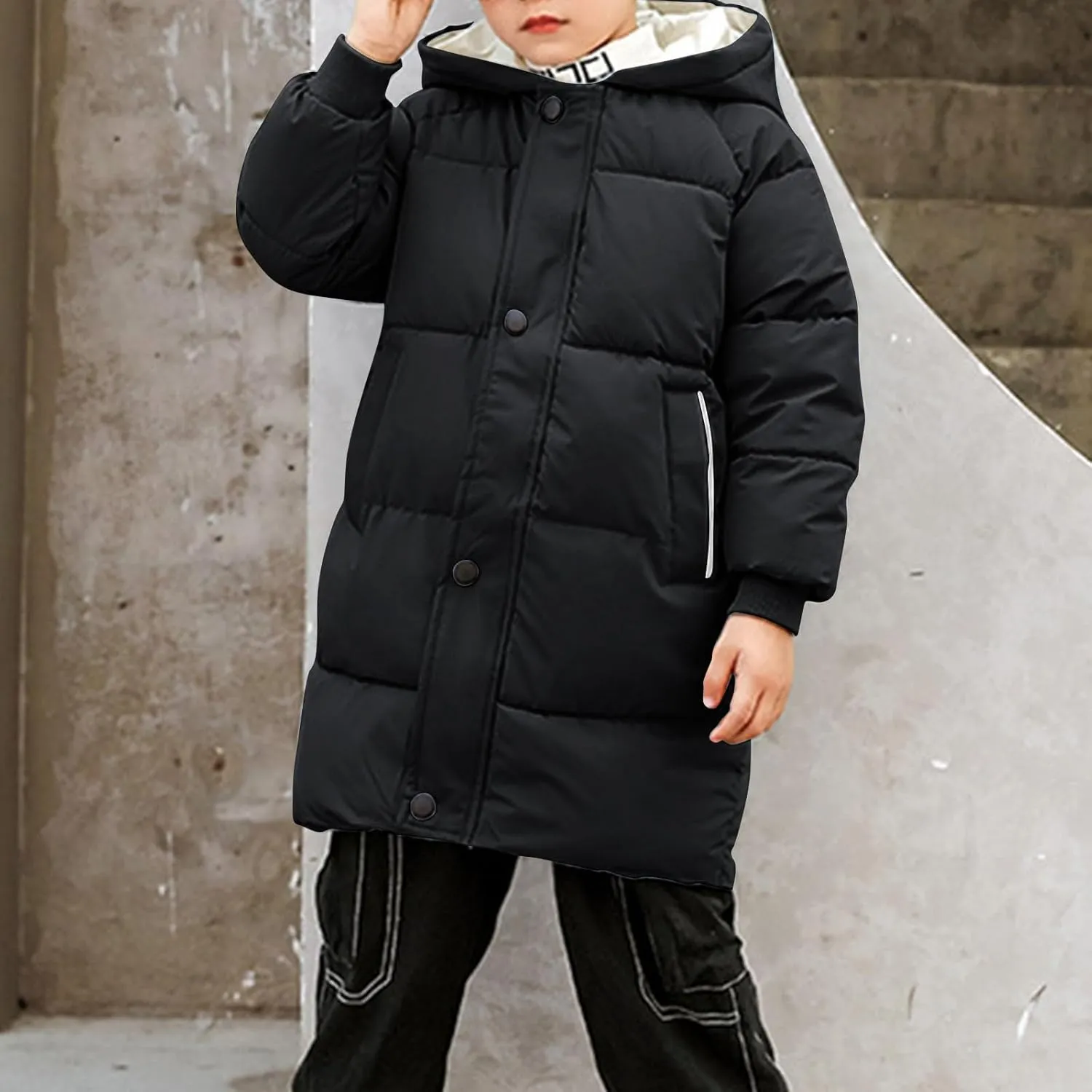RKSTN Winter Puffer Jackets for Kids Padded Wadded Down Jacket Solid Color Long Sleeved Coats Hooded Casual Outwear