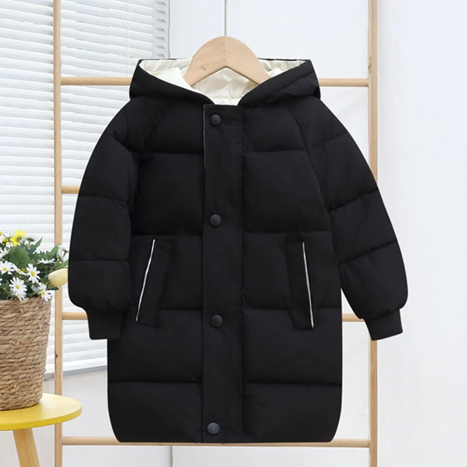 RKSTN Winter Puffer Jackets for Kids Padded Wadded Down Jacket Solid Color Long Sleeved Coats Hooded Casual Outwear