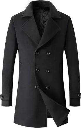 Sexyshine Mens Woolen Blend Trench Coat Pea Coat Double Breasted Notched Lapel Regular Fit Winter Business Overcoat