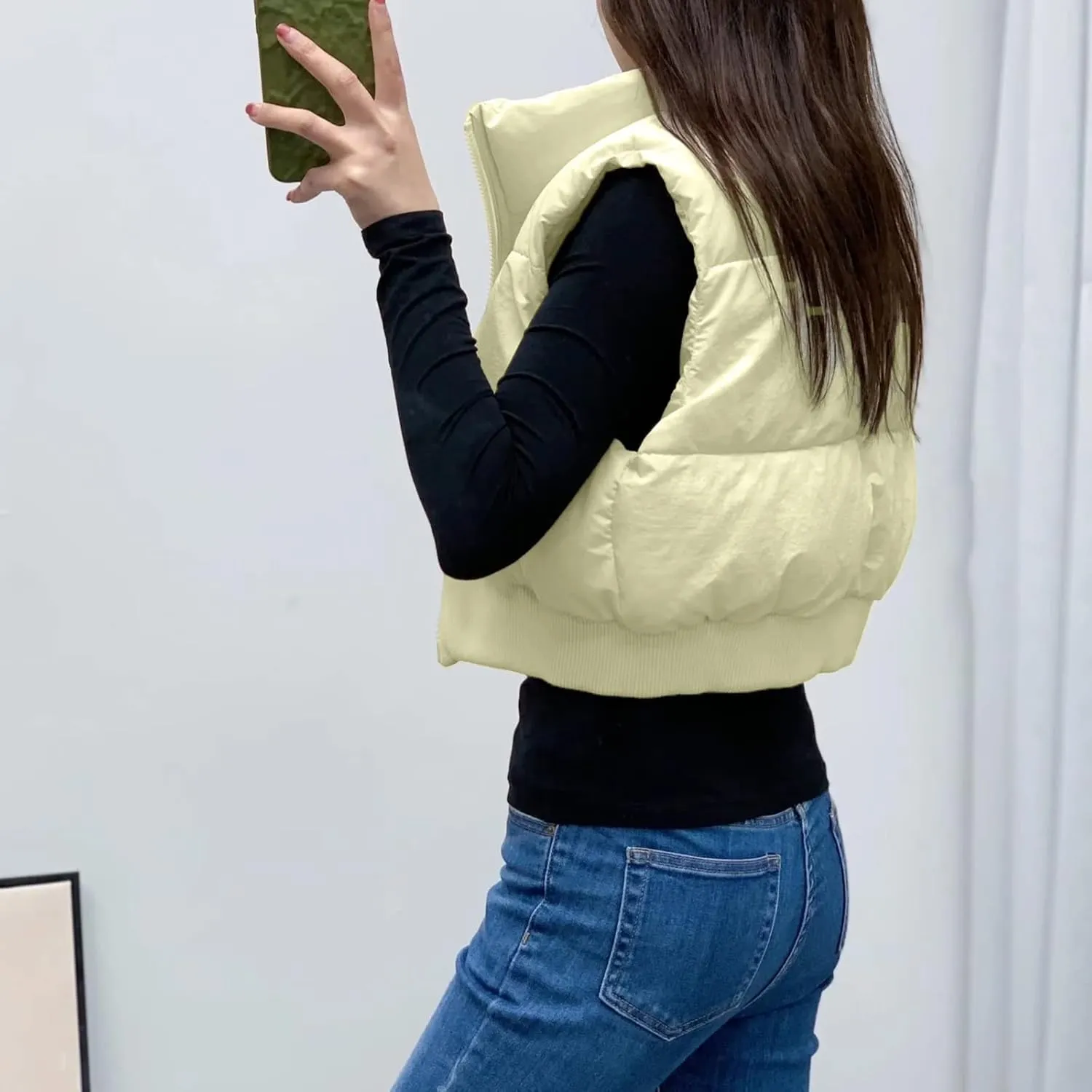 Shiyifa Women's Fashion High Neck Zipper Cropped Puffer Vest Jacket Coat