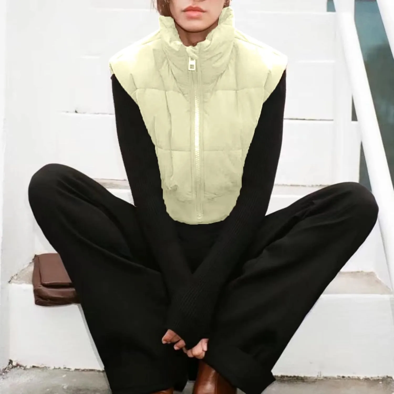 Shiyifa Women's Fashion High Neck Zipper Cropped Puffer Vest Jacket Coat