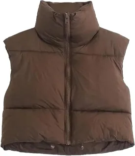 Shiyifa Women's Fashion High Neck Zipper Cropped Puffer Vest Jacket Coat