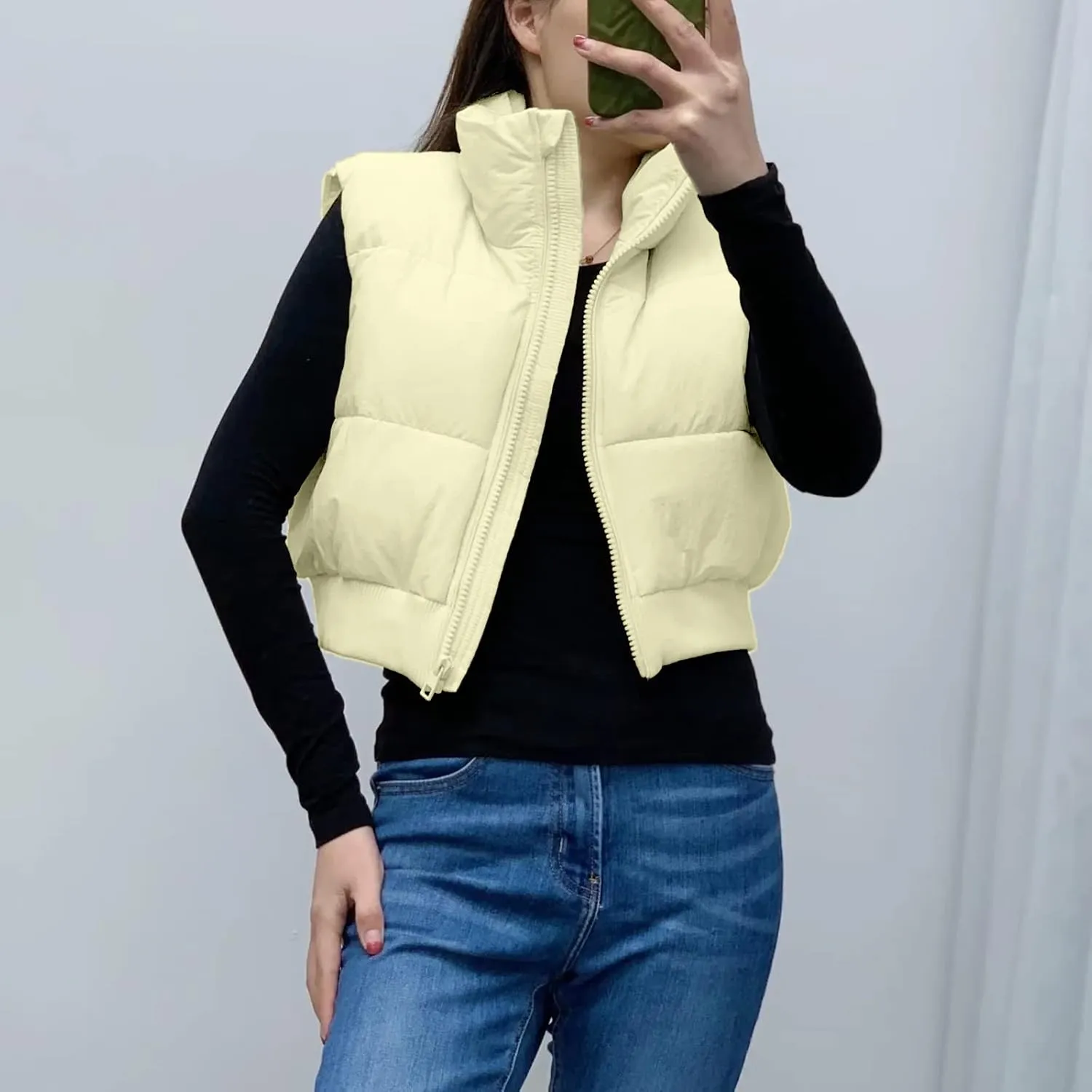 Shiyifa Women's Fashion High Neck Zipper Cropped Puffer Vest Jacket Coat