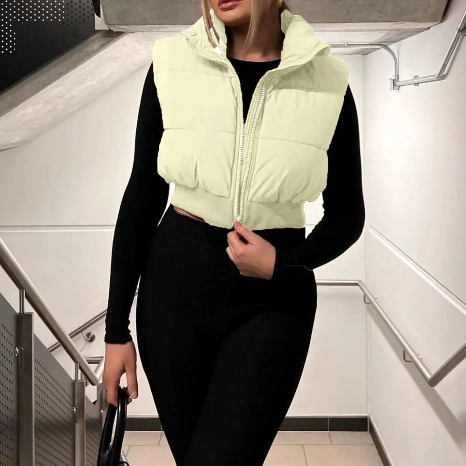 Shiyifa Women's Fashion High Neck Zipper Cropped Puffer Vest Jacket Coat