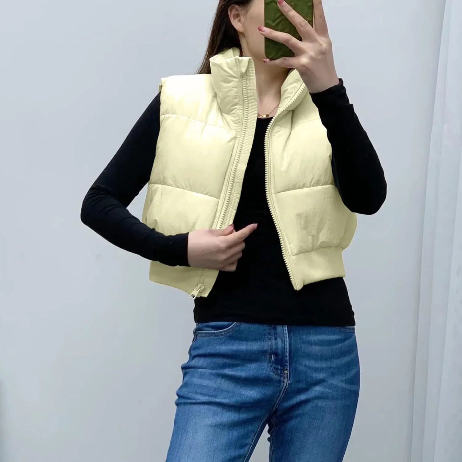 Shiyifa Women's Fashion High Neck Zipper Cropped Puffer Vest Jacket Coat