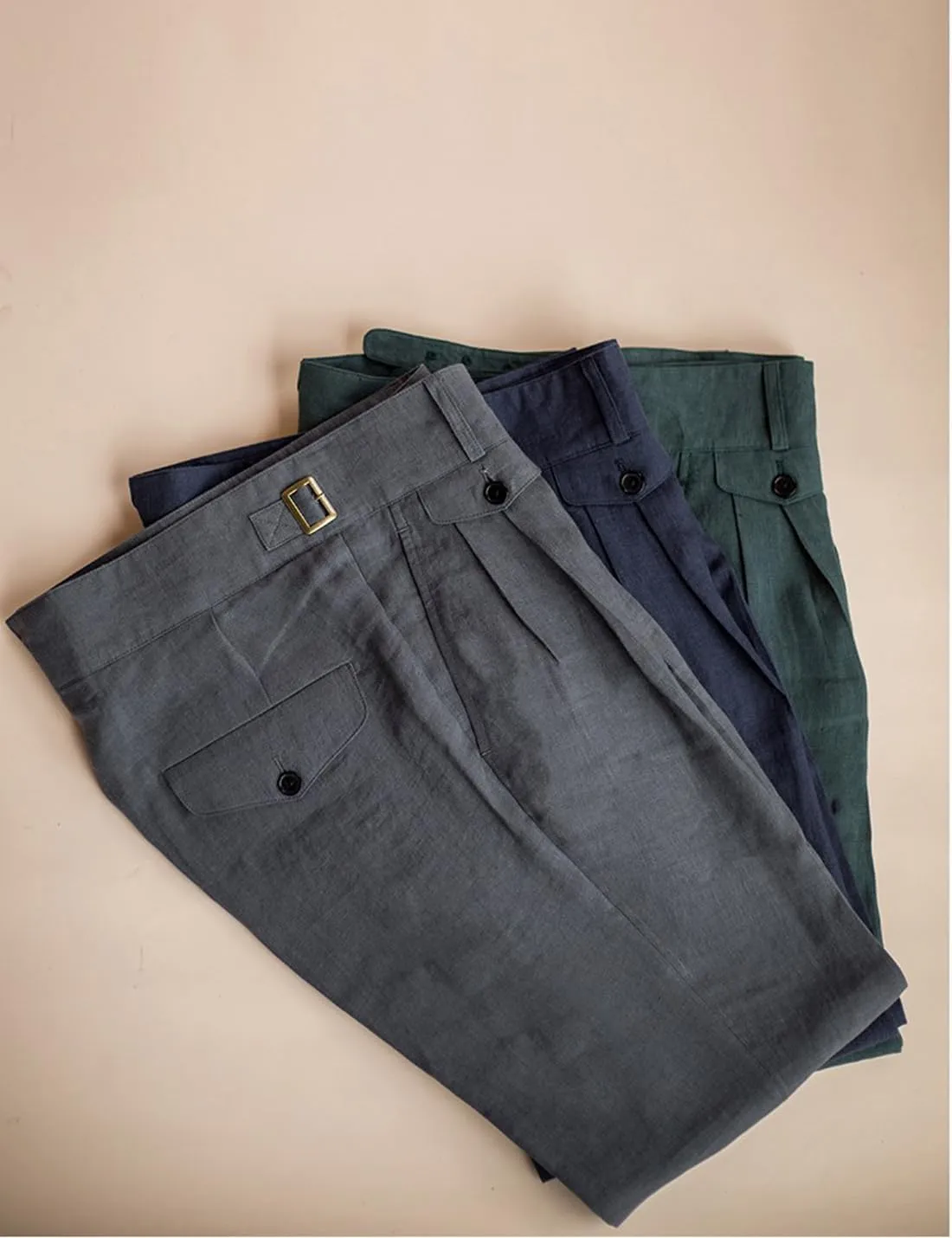 Snoly Men's Summer Retro Lightweight Linen Gurkha Trousers Tapered Leg Straight Flat Front Chino Pant