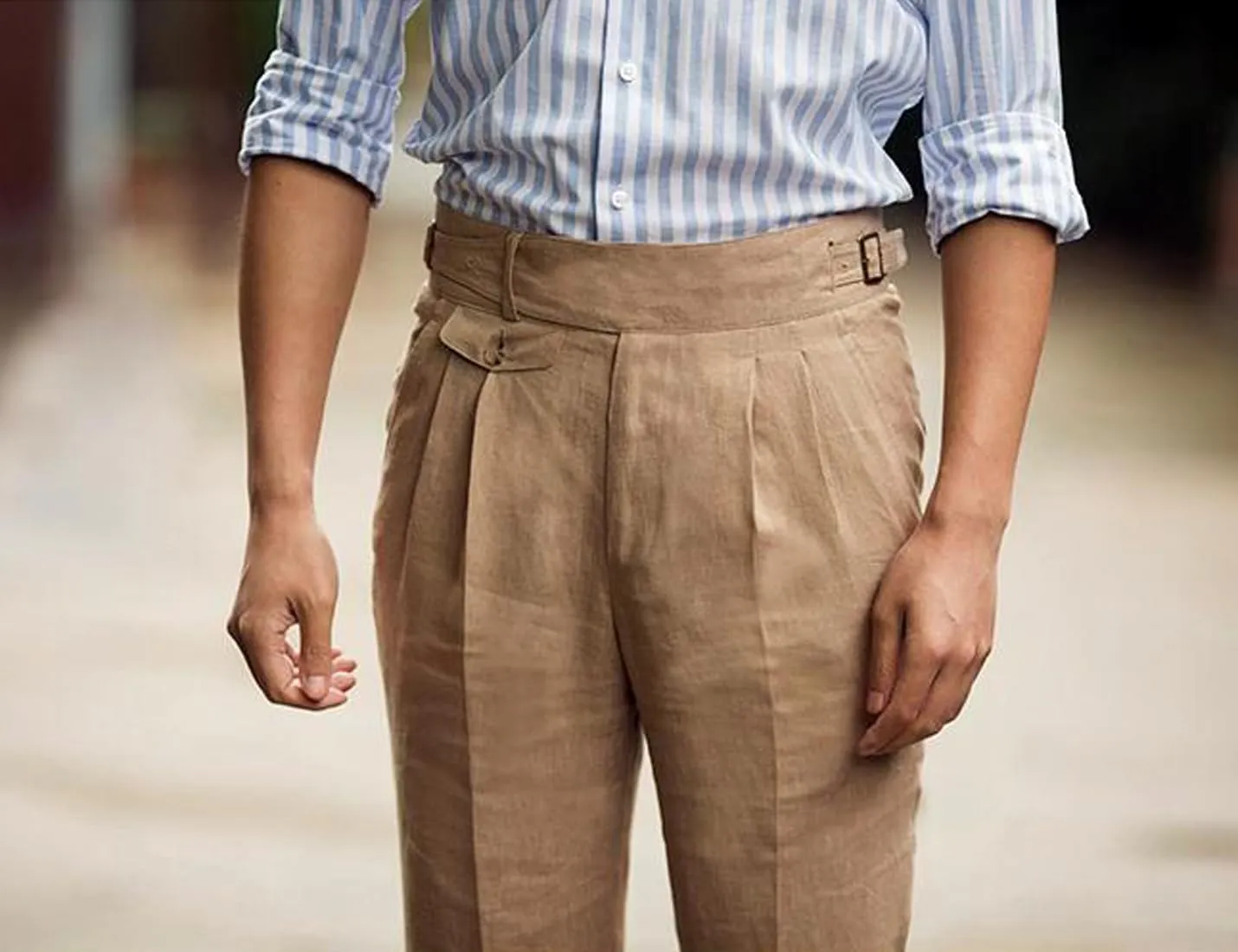 Snoly Men's Summer Retro Lightweight Linen Gurkha Trousers Tapered Leg Straight Flat Front Chino Pant