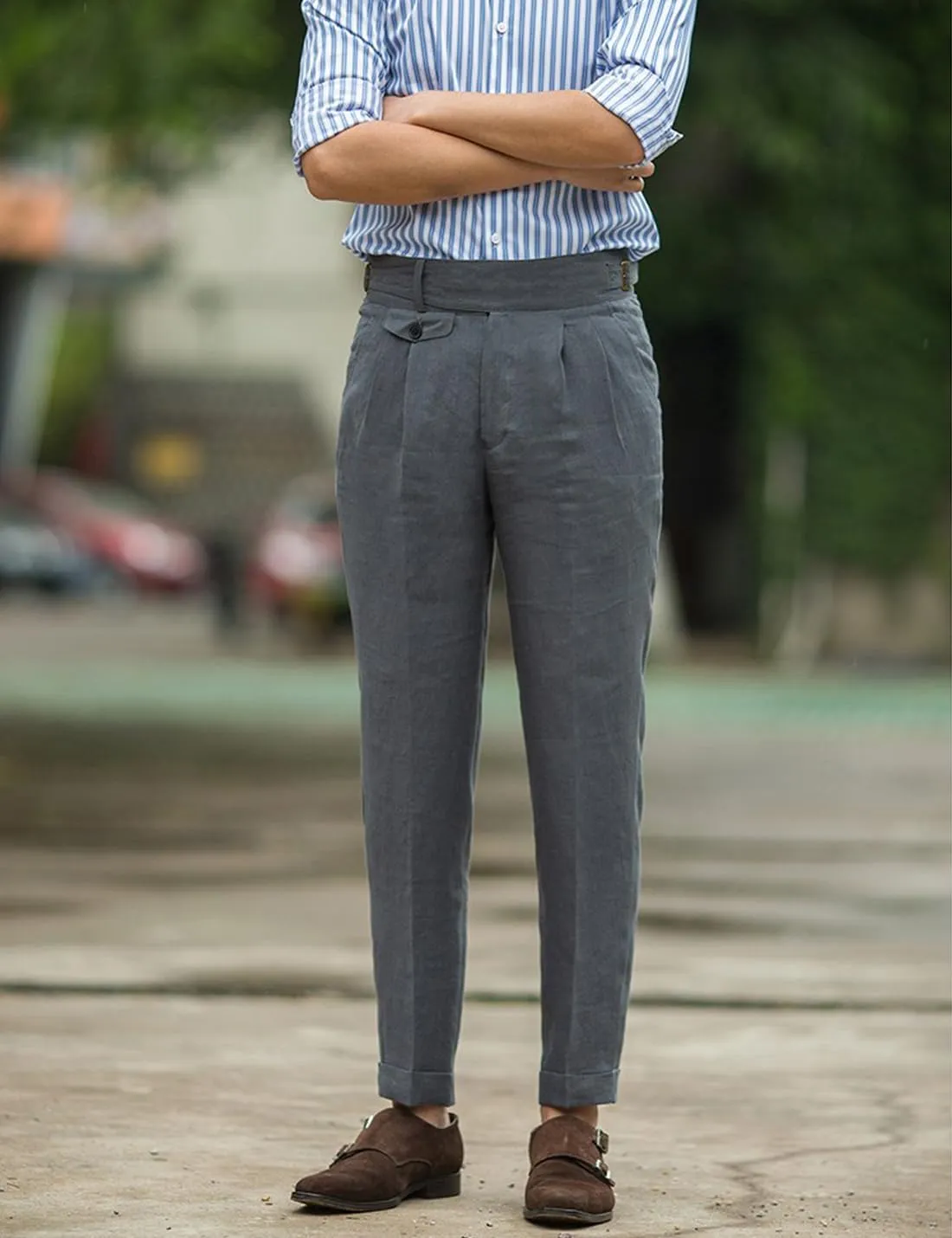 Snoly Men's Summer Retro Lightweight Linen Gurkha Trousers Tapered Leg Straight Flat Front Chino Pant