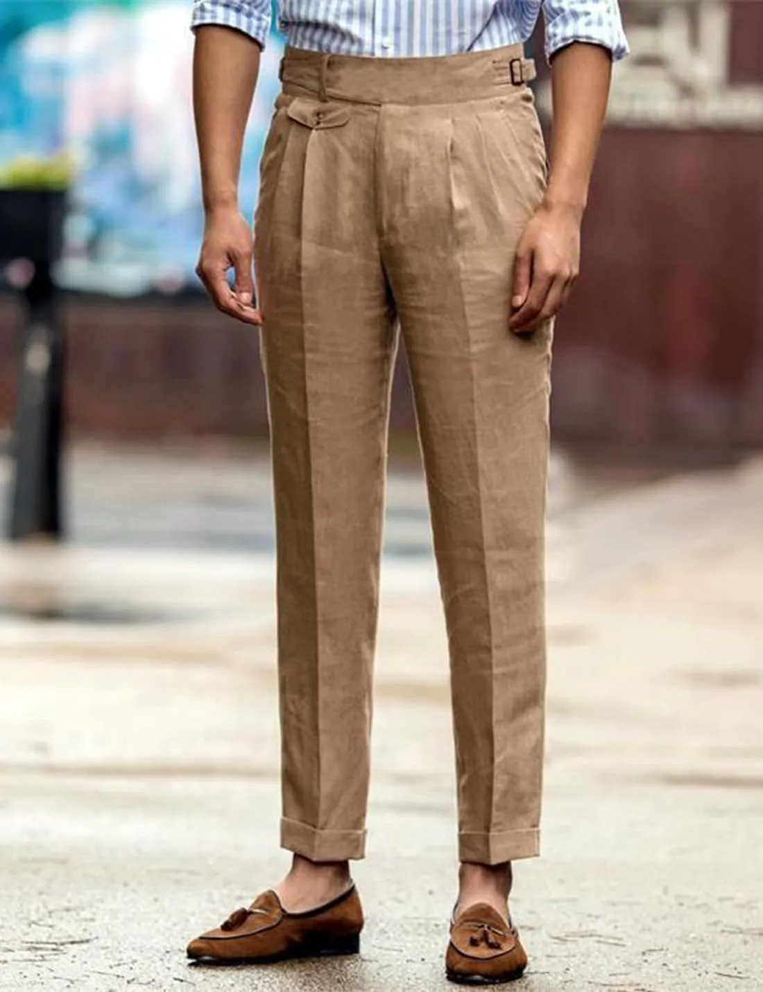 Snoly Men's Summer Retro Lightweight Linen Gurkha Trousers Tapered Leg Straight Flat Front Chino Pant