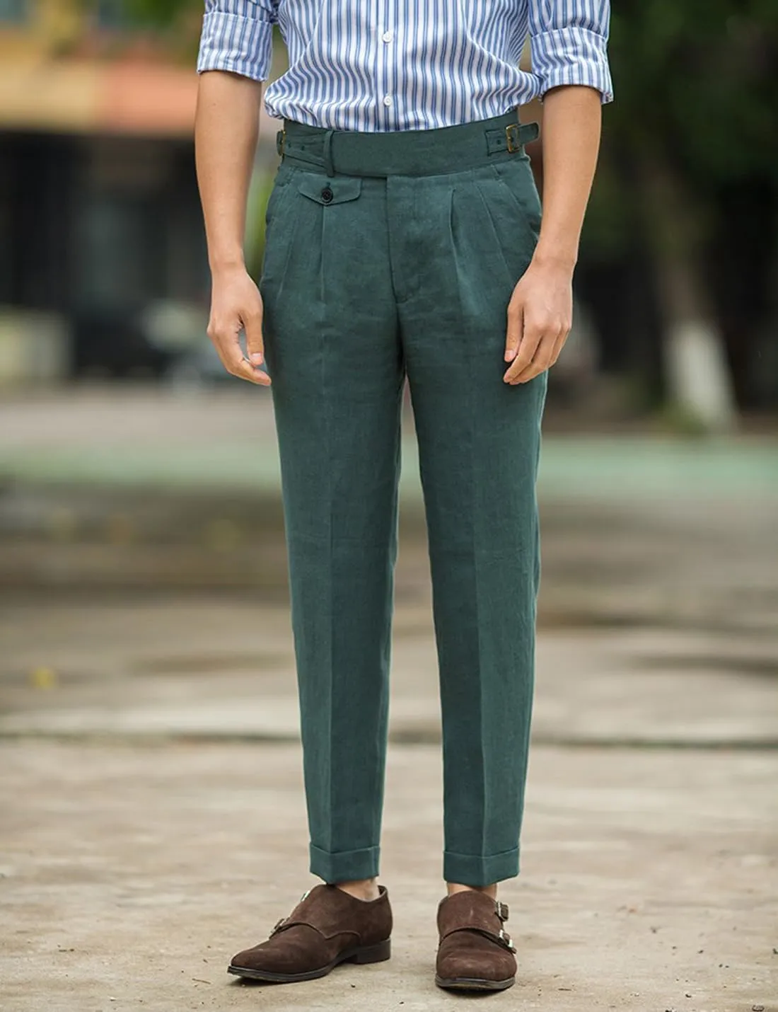 Snoly Men's Summer Retro Lightweight Linen Gurkha Trousers Tapered Leg Straight Flat Front Chino Pant