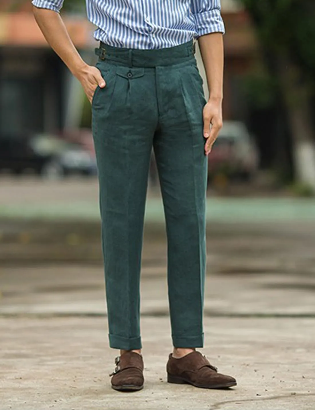 Snoly Men's Summer Retro Lightweight Linen Gurkha Trousers Tapered Leg Straight Flat Front Chino Pant